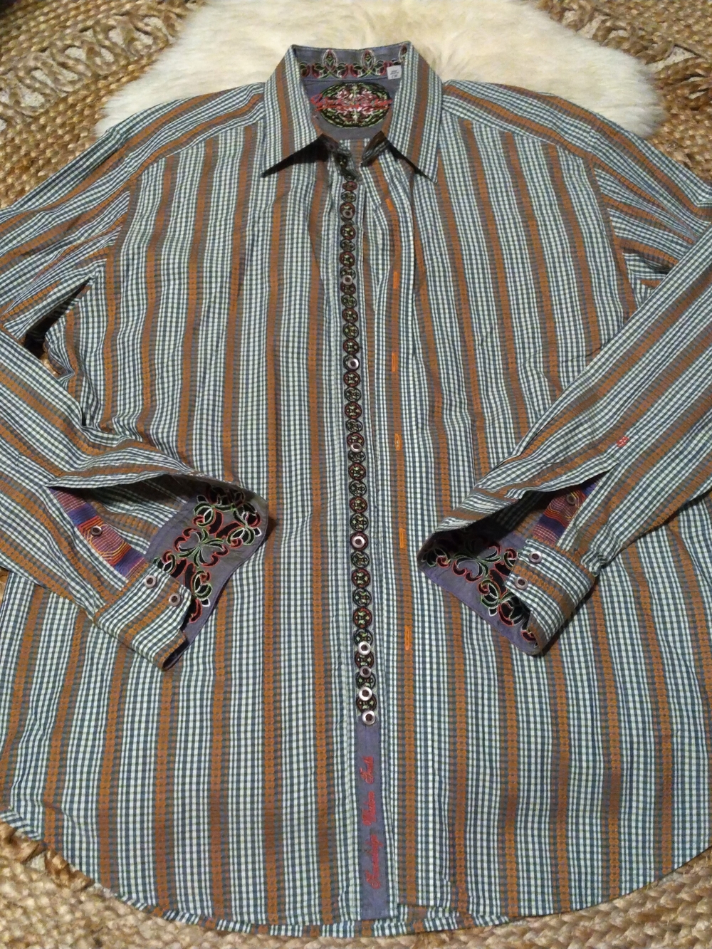 Robert Graham Long-Sleeve Striped Button-Up Shirt Embroidery Cuffed Size Large